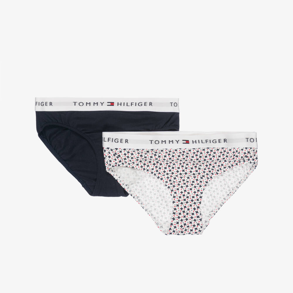 Tommy Hilfiger-Girls White & Navy Blue Cotton Knickers (2 Pack) | Childrensalon Outlet
