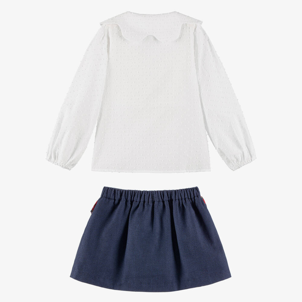 Foque-Girls White & Navy Blue Cotton Skirt Set with Tartan Trim | Childrensalon Outlet
