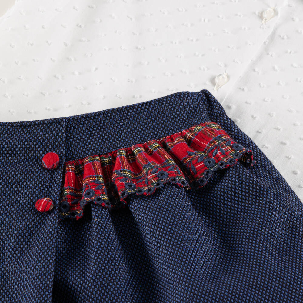 Foque-Girls White & Navy Blue Cotton Skirt Set with Tartan Trim | Childrensalon Outlet