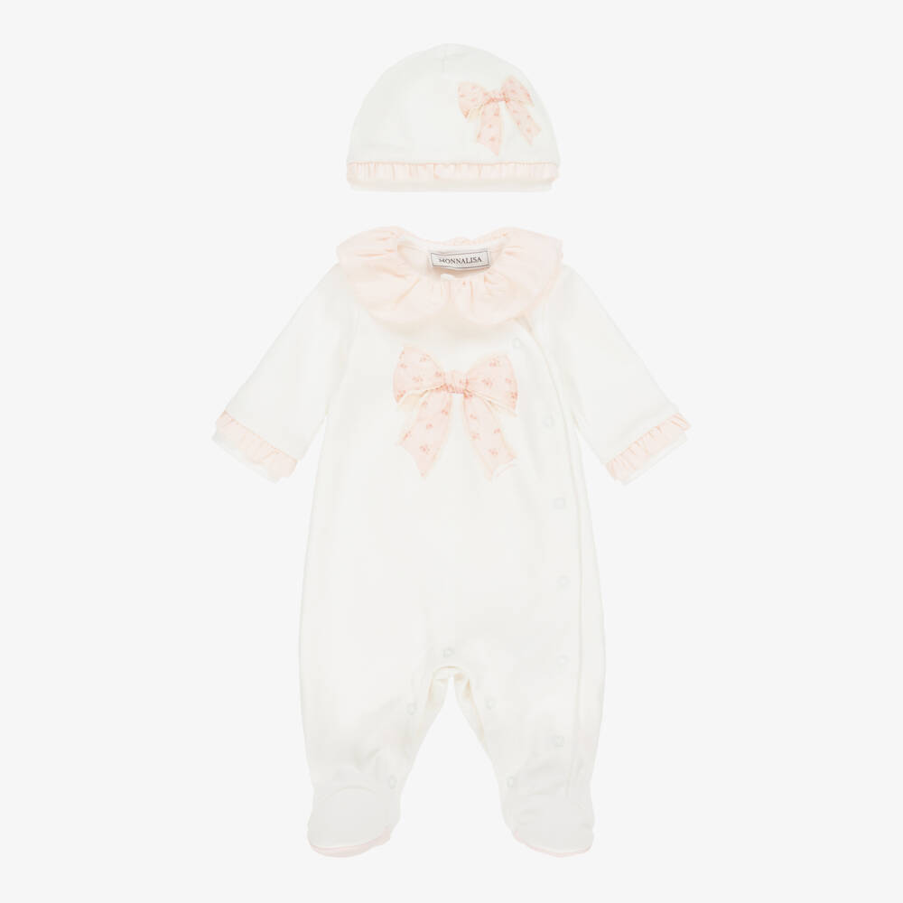 Monnalisa-Girls White & Peach Pink Cotton Babysuit Set | Childrensalon Outlet