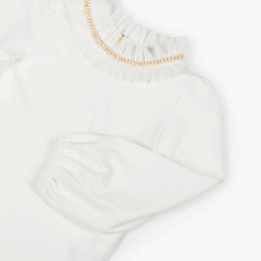 Angel's Face-Girls White Pearl & Tulle Collar Cotton Top | Childrensalon Outlet