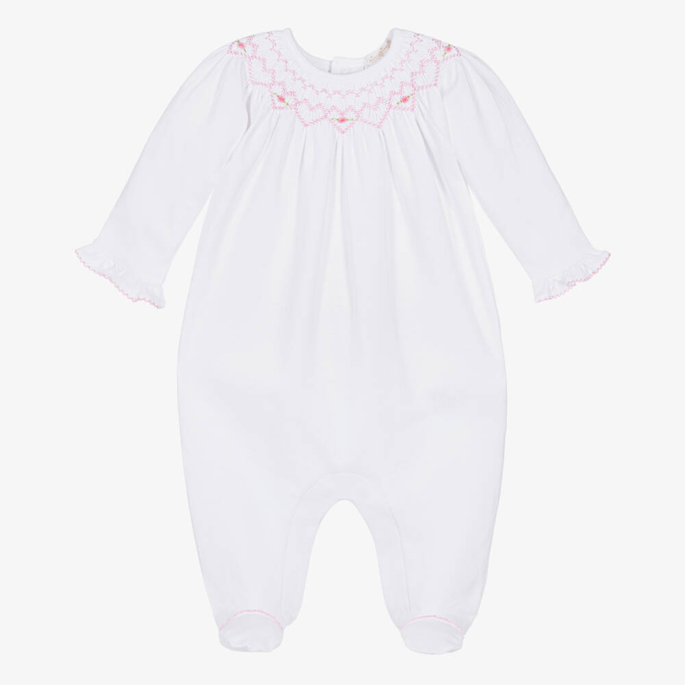 Kissy Kissy-Girls White Pima Cotton Hand-Smocked Babygrow  | Childrensalon Outlet
