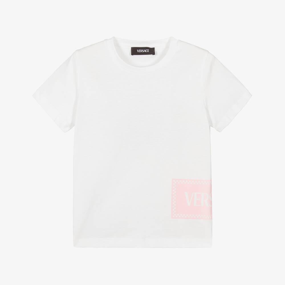 Versace-Girls White & Pink '90s Vintage Logo Cotton T-Shirt | Childrensalon Outlet