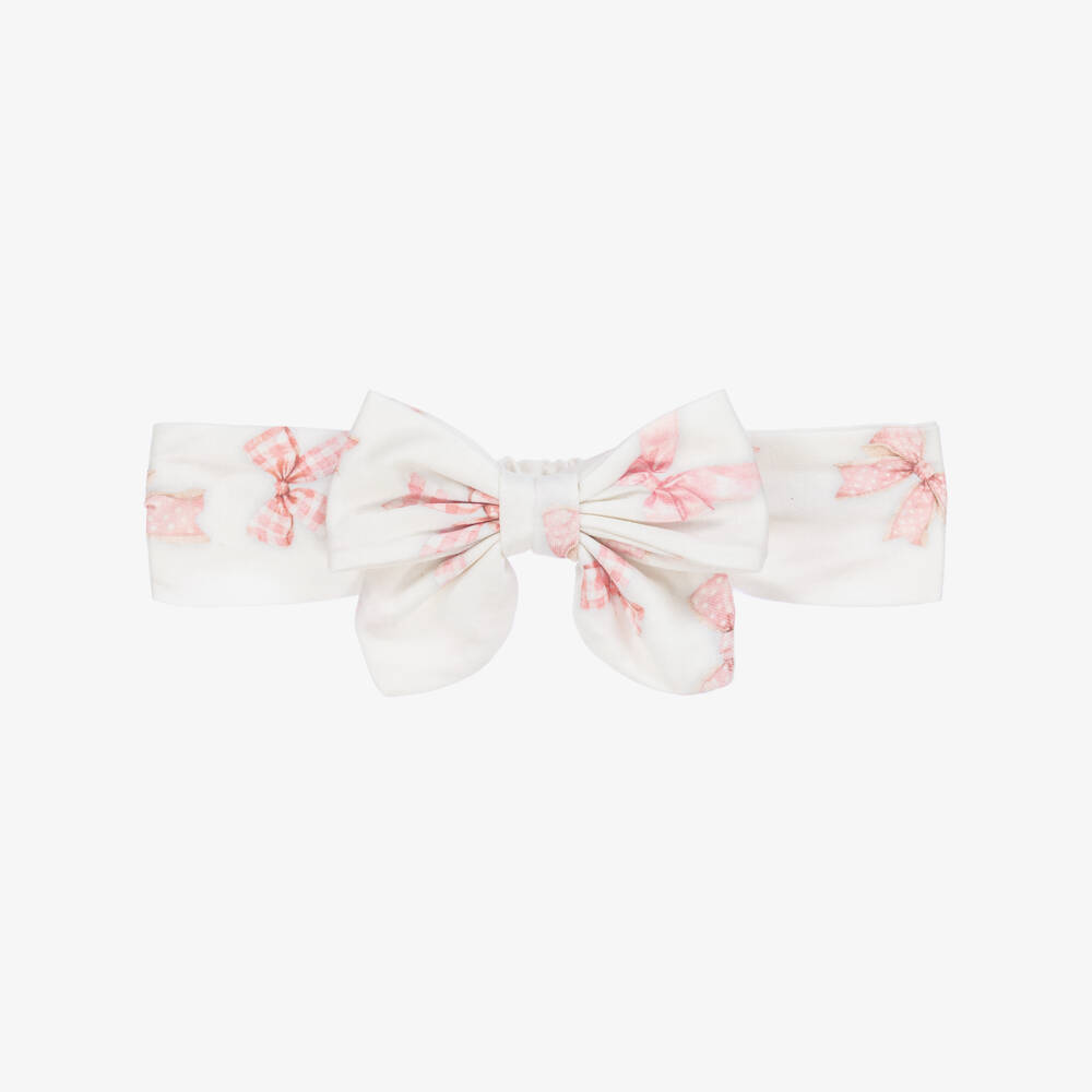 Monnalisa-Girls White & Pink Bow Print Cotton Headband | Childrensalon Outlet
