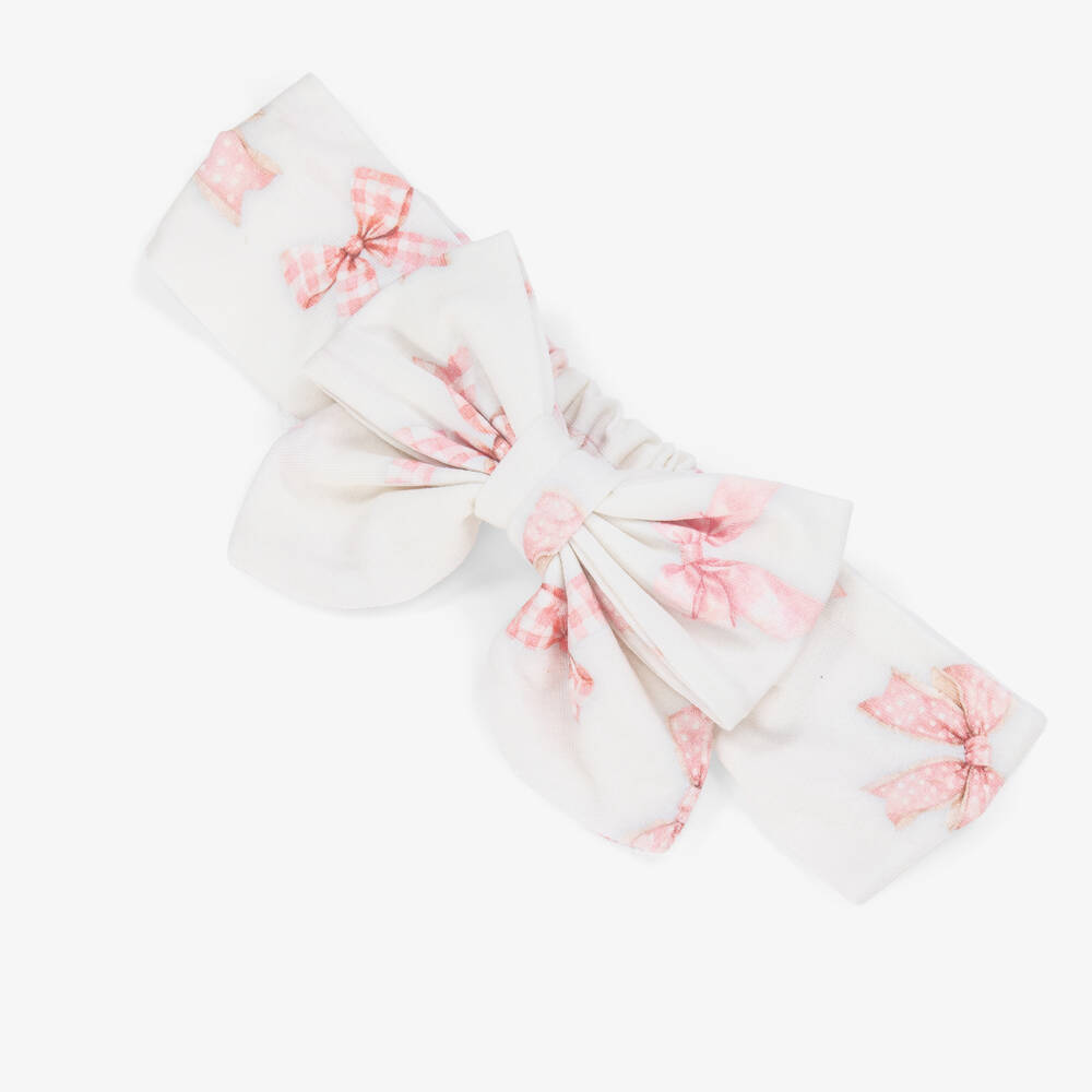 Monnalisa-Girls White & Pink Bow Print Cotton Headband | Childrensalon Outlet