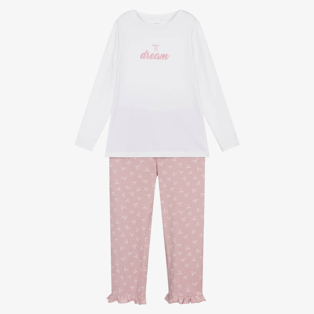 NAME IT-Girls White & Pink Bow Print Cotton Pyjamas | Childrensalon Outlet