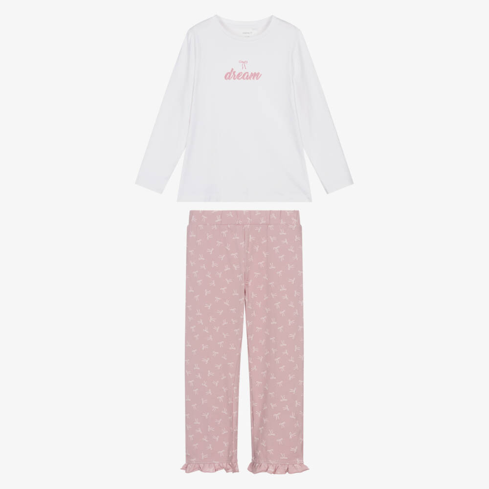 NAME IT-Girls White & Pink Bow Print Cotton Pyjamas | Childrensalon Outlet
