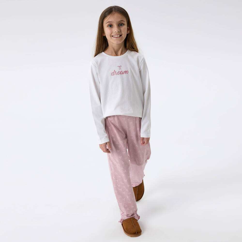 NAME IT-Girls White & Pink Bow Print Cotton Pyjamas | Childrensalon Outlet