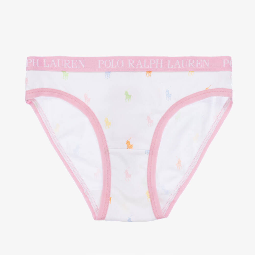 Ralph Lauren-Girls White & Pink Cotton Knickers (3 Pack) | Childrensalon Outlet