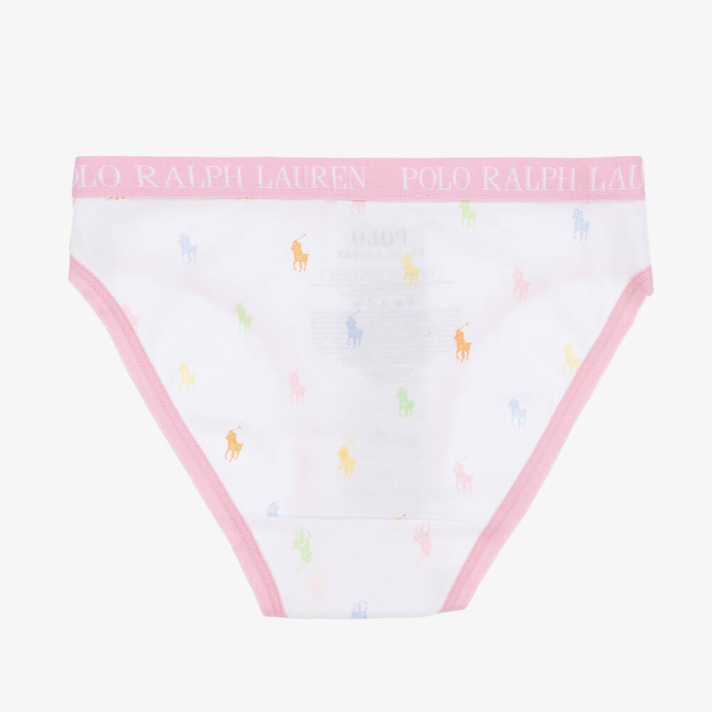 Ralph Lauren-Girls White & Pink Cotton Knickers (3 Pack) | Childrensalon Outlet
