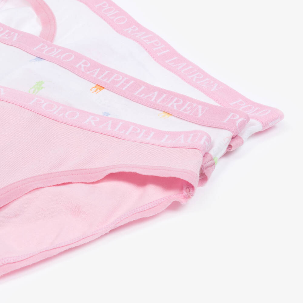 Ralph Lauren-Girls White & Pink Cotton Knickers (3 Pack) | Childrensalon Outlet