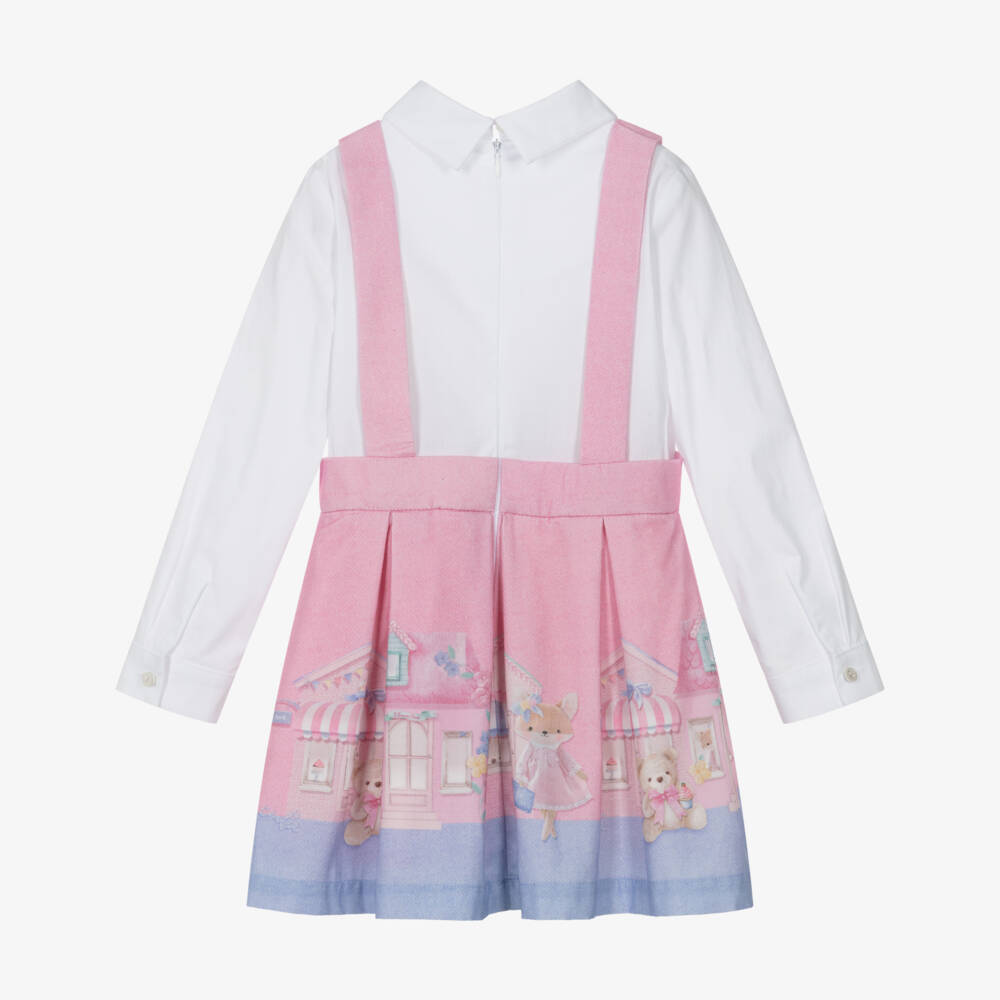 Lapin House-Girls White & Pink Cotton Layered Look Dress with Street Scene | Childrensalon Outlet