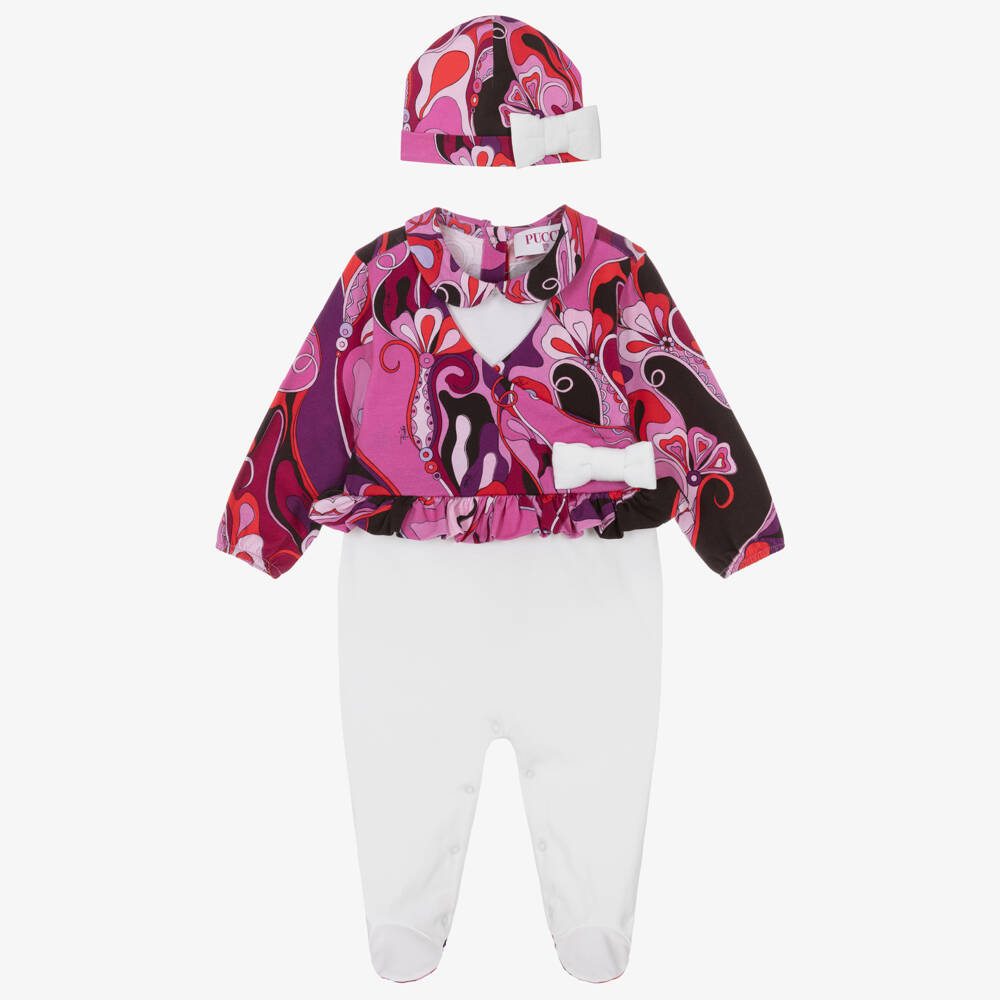 PUCCI-Girls White & Pink Cotton Orchidee Babygrow Gift Set | Childrensalon Outlet