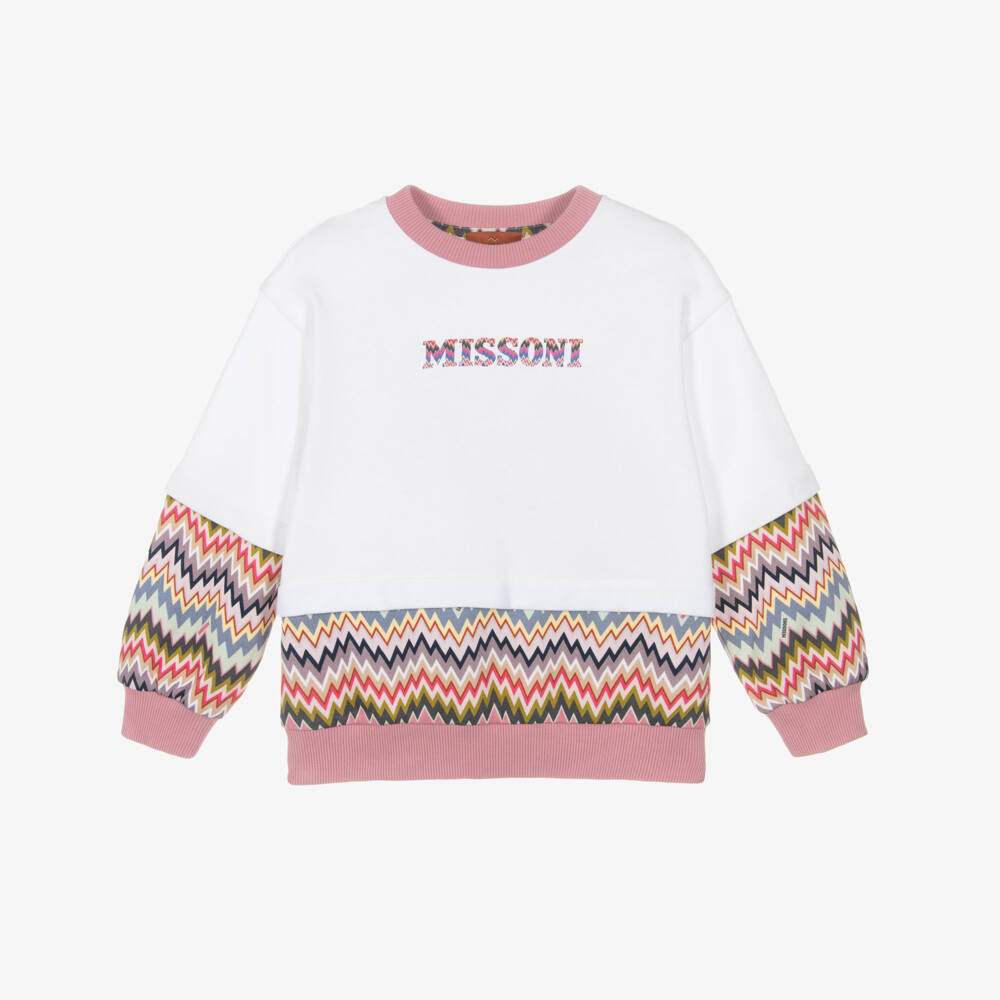 Missoni-Girls White & Pink Cotton Zigzag Sweatshirt | Childrensalon Outlet