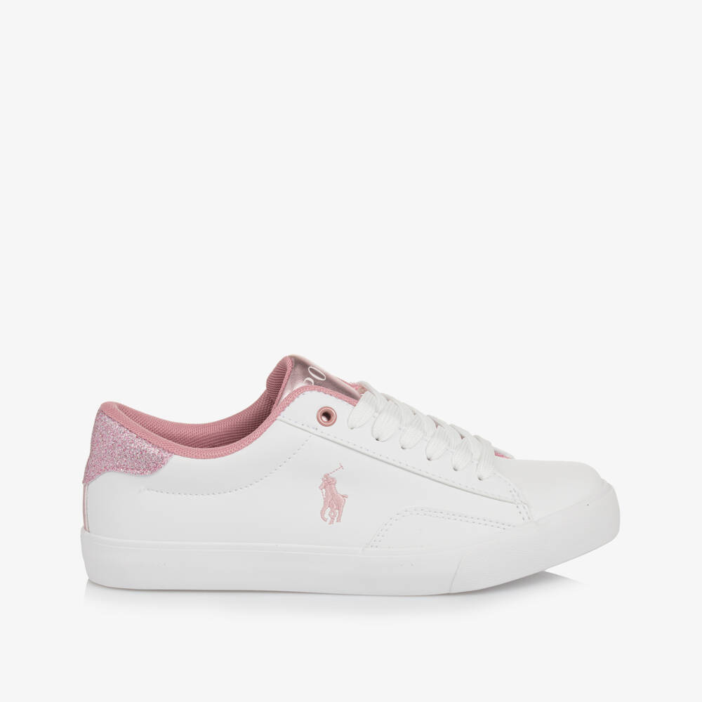 Ralph Lauren-Girls White & Pink Faux Leather Lace-Up Trainers | Childrensalon Outlet