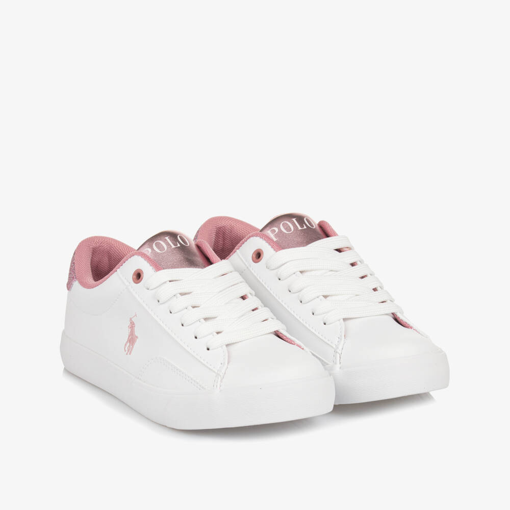 Ralph Lauren-Girls White & Pink Faux Leather Lace-Up Trainers | Childrensalon Outlet