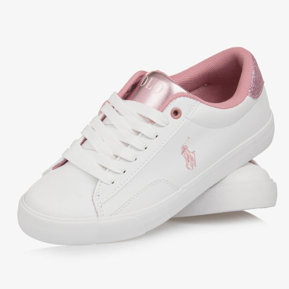 Ralph Lauren-Girls White & Pink Faux Leather Lace-Up Trainers | Childrensalon Outlet