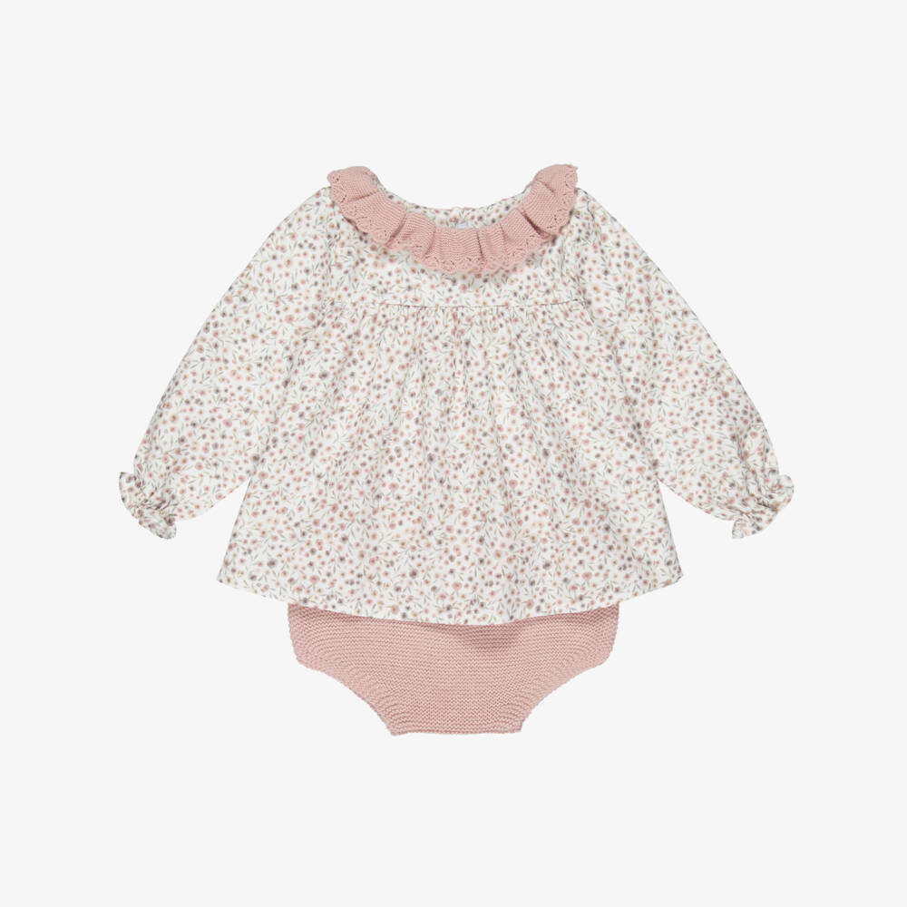 Mebi-Girls White & Pink Floral Dress with Knitted Collar | Childrensalon Outlet
