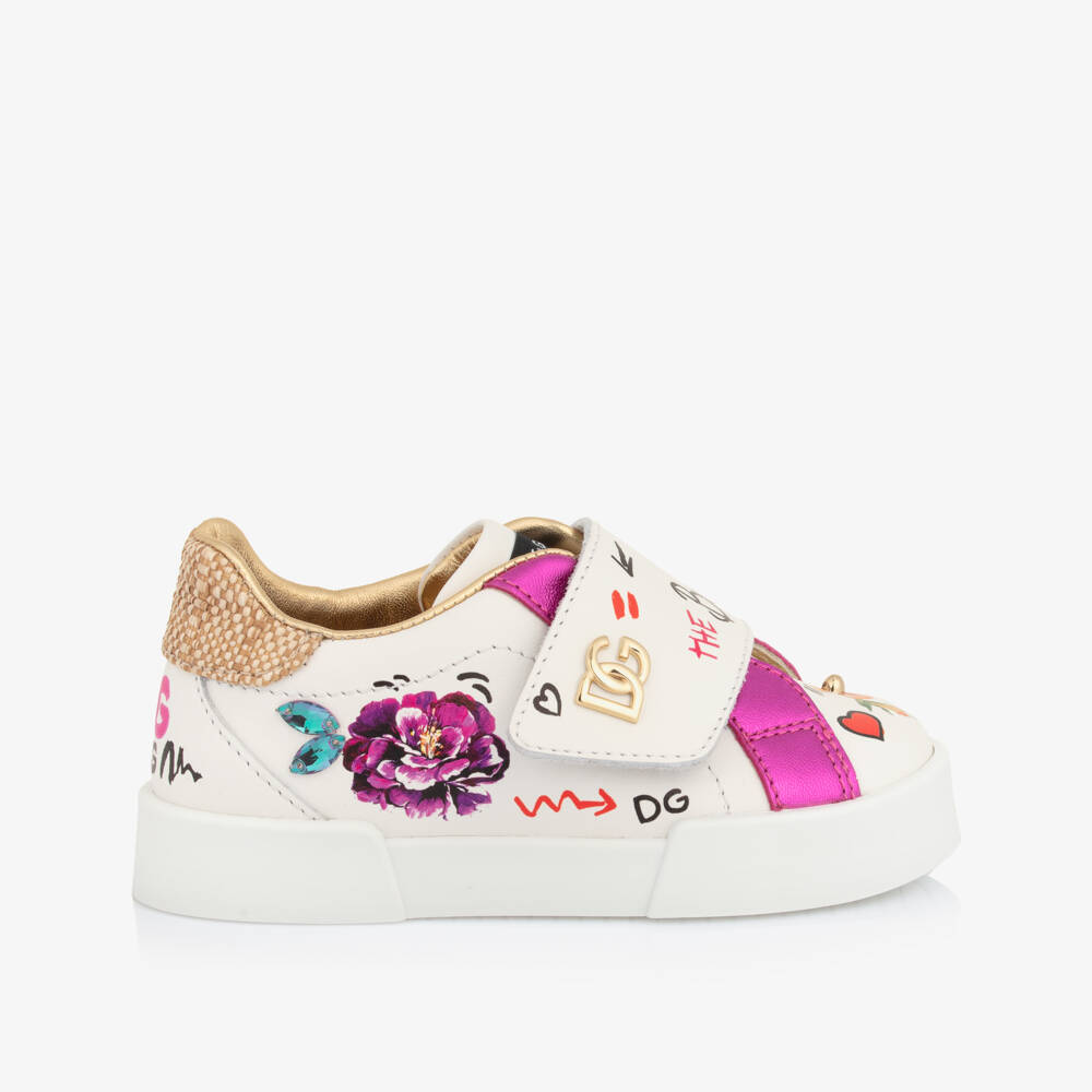 Dolce & Gabbana-Girls White & Pink Floral Leather Trainers | Childrensalon Outlet