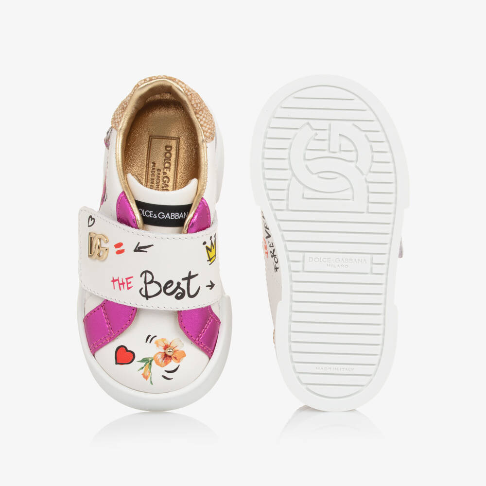 Dolce & Gabbana-Girls White & Pink Floral Leather Trainers | Childrensalon Outlet