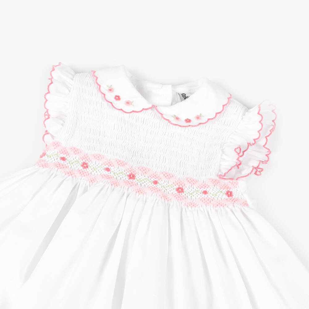 Sarah Louise-Girls White & Pink Hand-Smocked Dress | Childrensalon Outlet