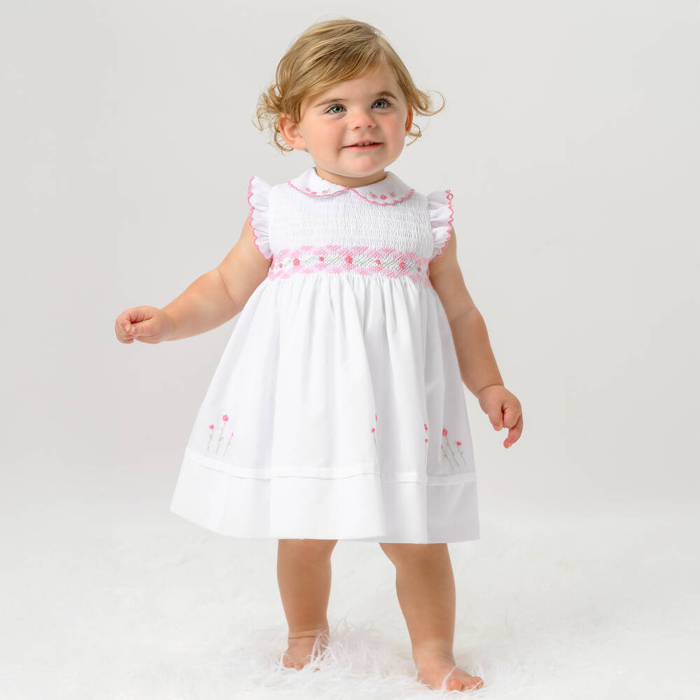 Sarah Louise-Girls White & Pink Hand-Smocked Dress | Childrensalon Outlet