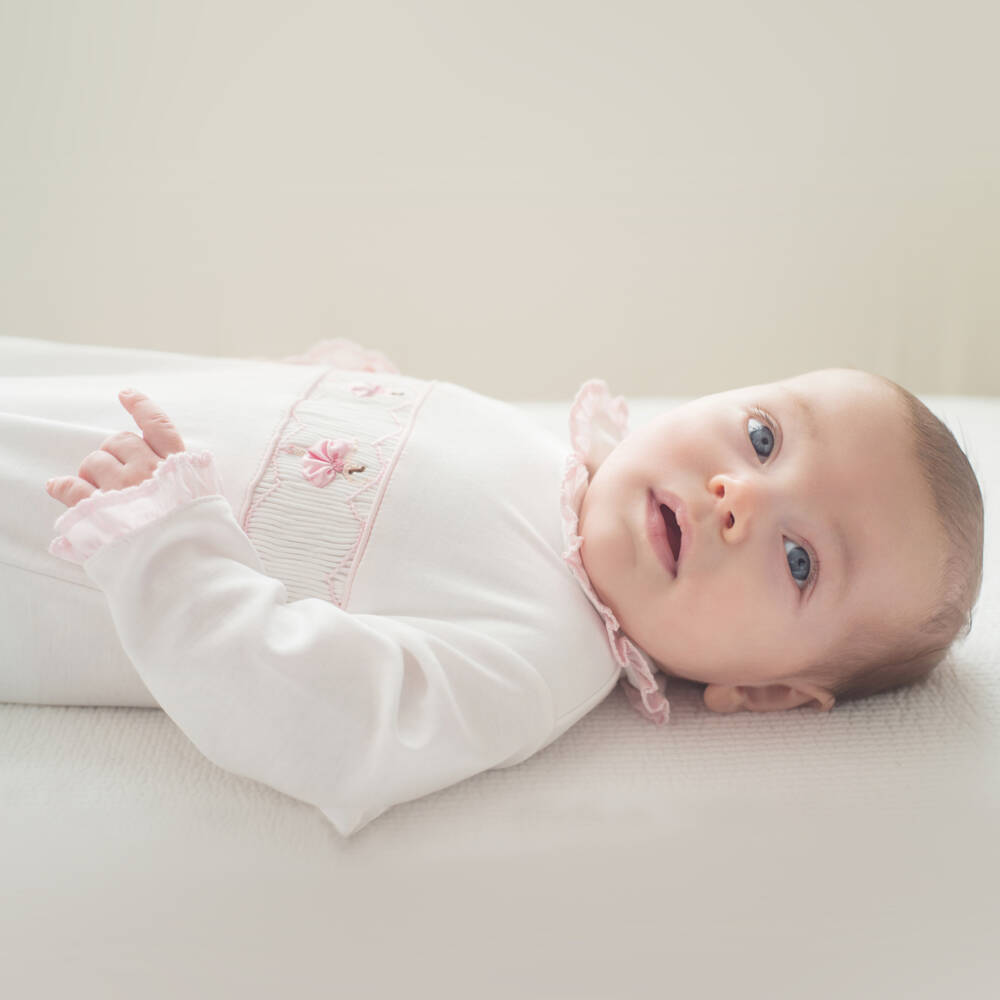 Mini-la-Mode-Girls White & Pink Pima Cotton Babygrow | Childrensalon Outlet