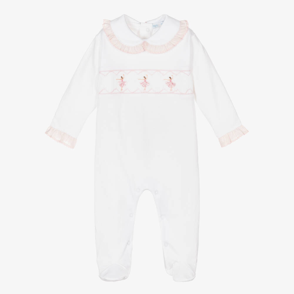 Mini-la-Mode-Girls White & Pink Pima Cotton Babygrow | Childrensalon Outlet