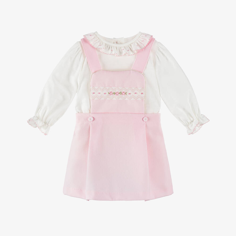 Pretty Originals-Girls White & Pink Pinafore Dress Set | Childrensalon Outlet