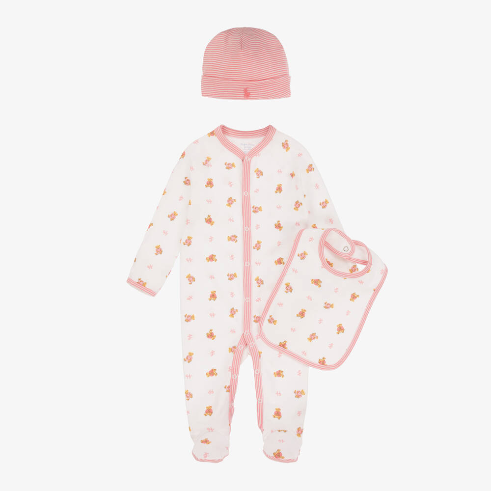 Ralph Lauren-Girls White & Pink Polo Bear Babysuit Set | Childrensalon Outlet