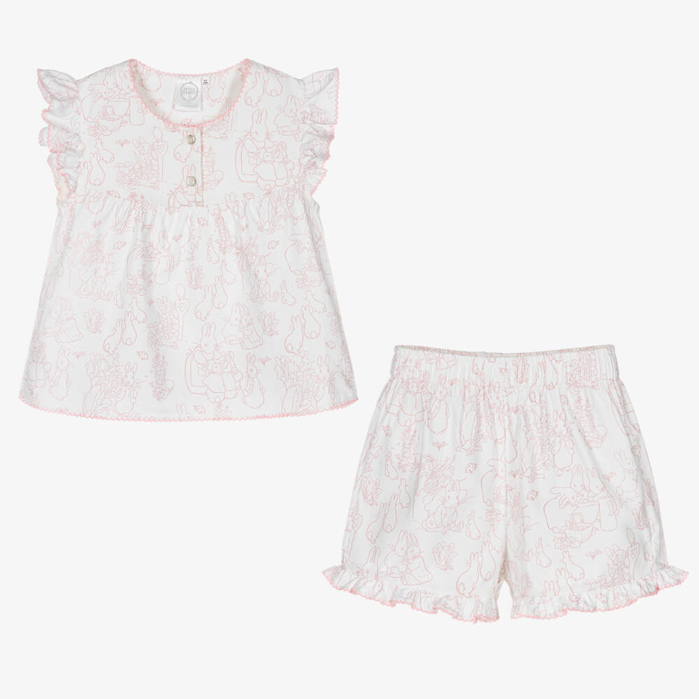 Peter Rabbit™ by Childrensalon-Girls White & Pink Short Cotton Pyjamas | Childrensalon Outlet