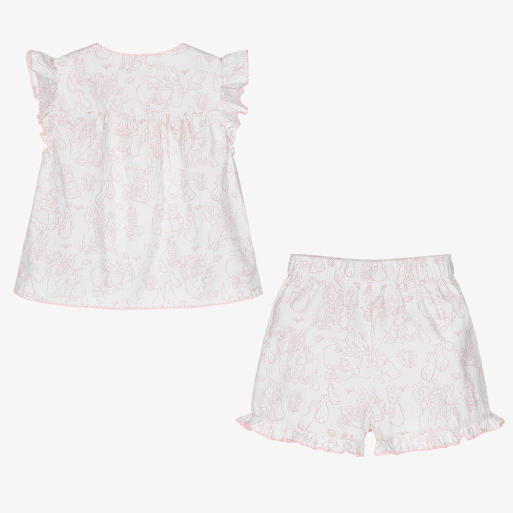 Peter Rabbit™ by Childrensalon-Girls White & Pink Short Cotton Pyjamas | Childrensalon Outlet