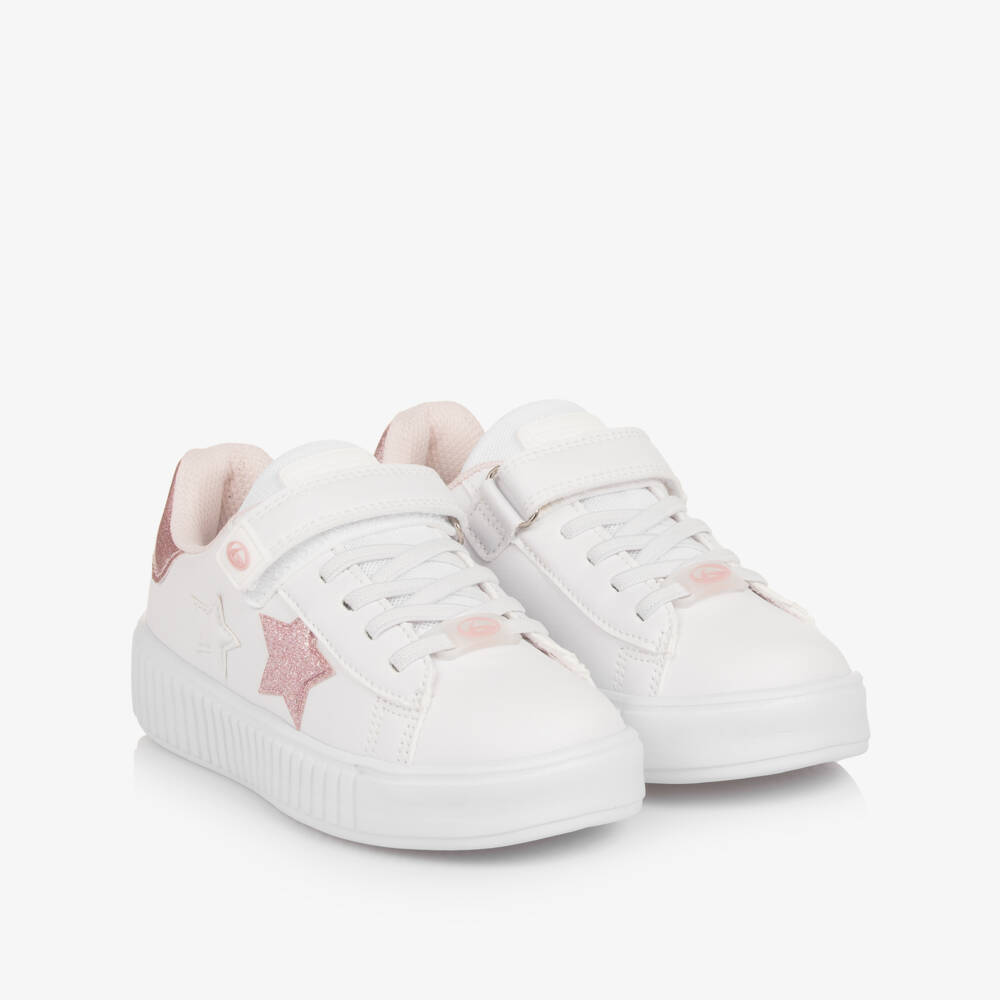 Beppi-Girls White & Pink Star Faux Leather Trainers  | Childrensalon Outlet