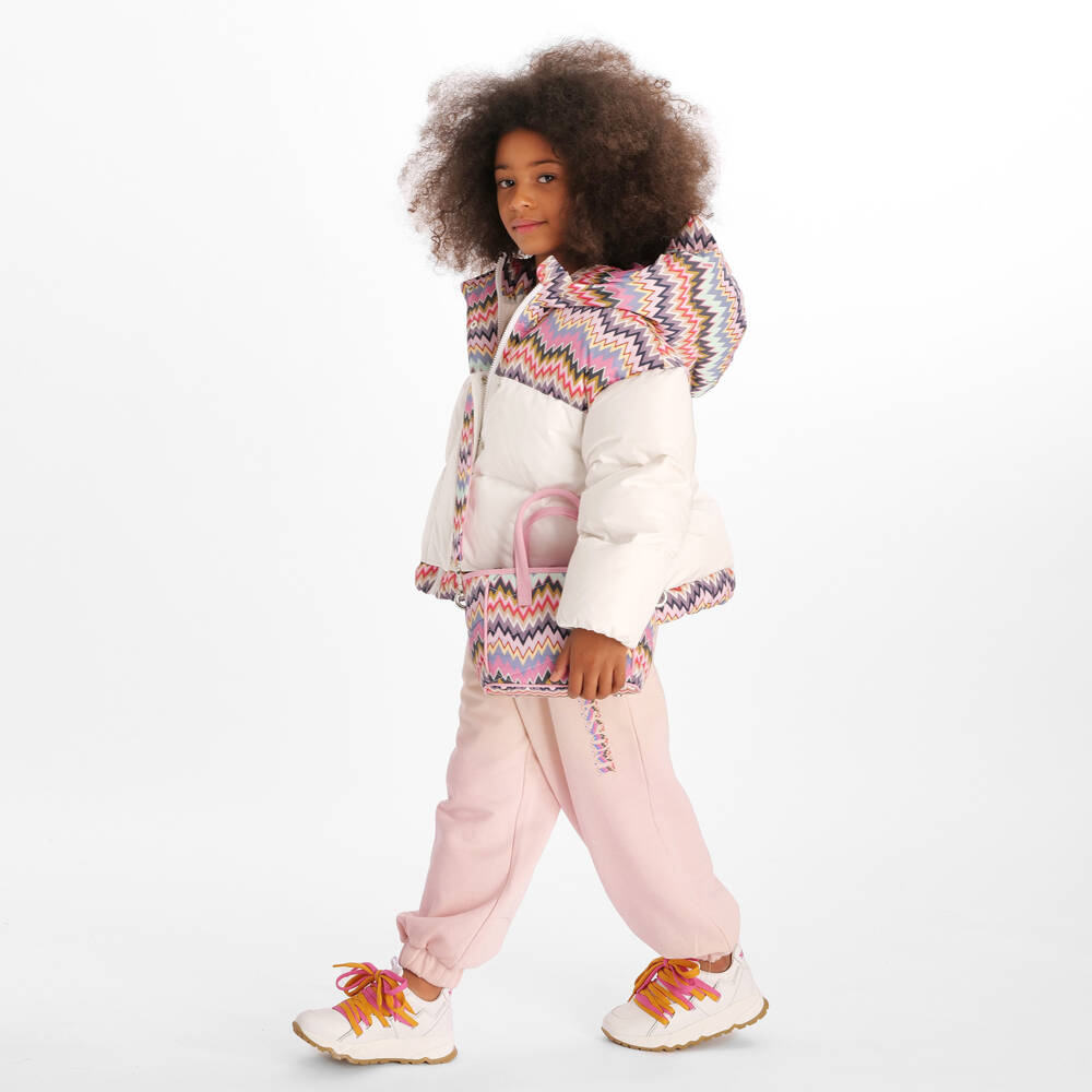 Missoni-Girls White & Pink Zigzag Down Puffer Jacket | Childrensalon Outlet