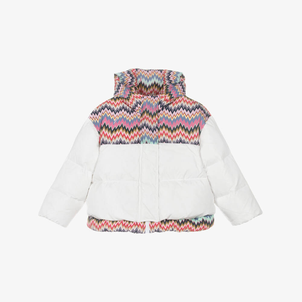 Missoni-Girls White & Pink Zigzag Down Puffer Jacket | Childrensalon Outlet