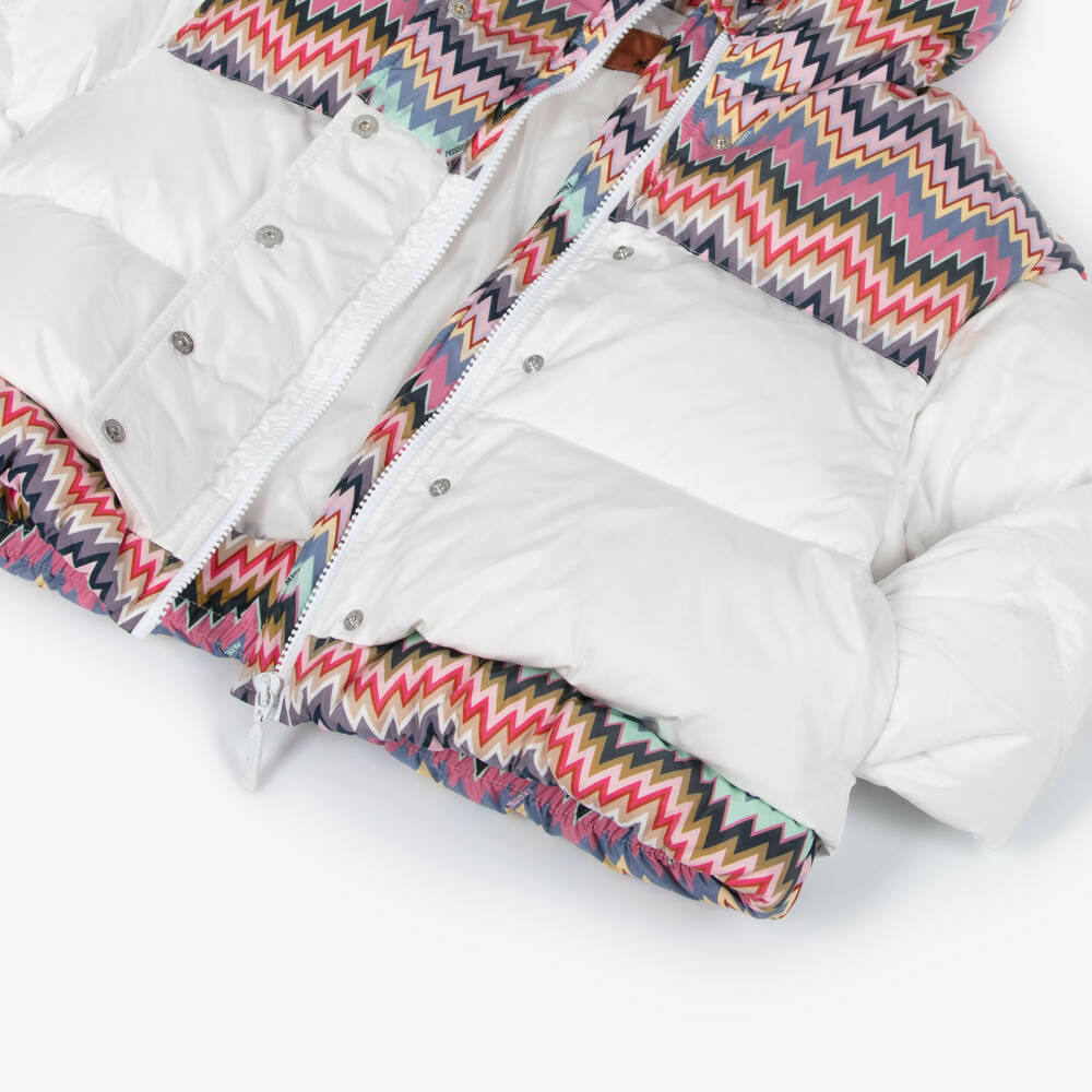 Missoni-Girls White & Pink Zigzag Down Puffer Jacket | Childrensalon Outlet
