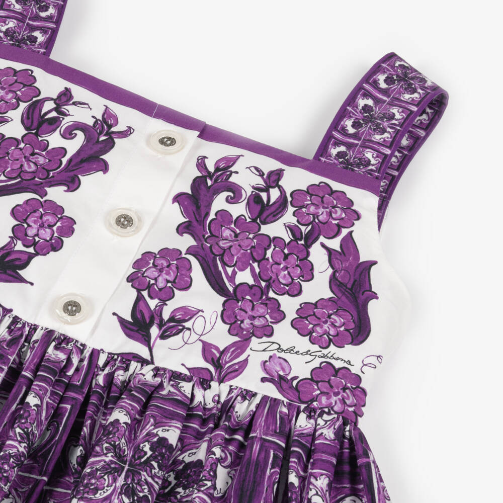 Dolce & Gabbana-Girls White & Purple Cotton Poplin Dress with Majolica Print | Childrensalon Outlet