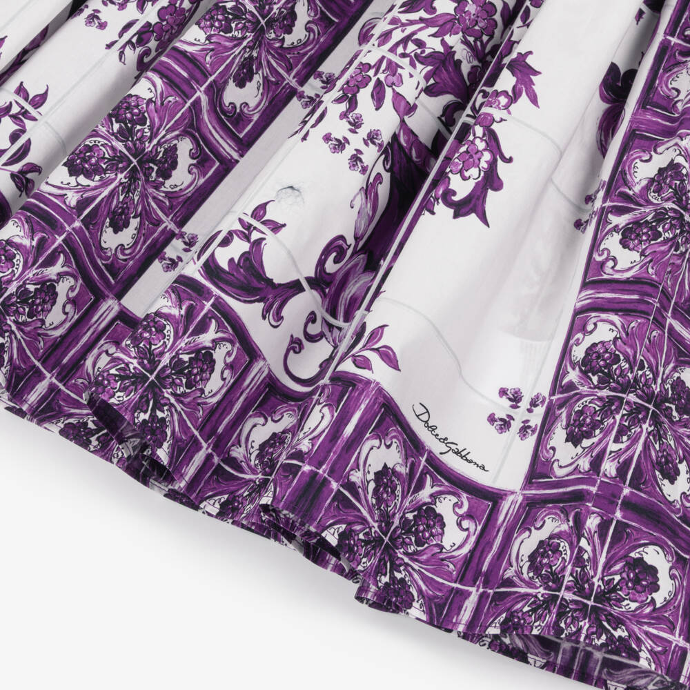 Dolce & Gabbana-Girls White & Purple Cotton Poplin Dress with Majolica Print | Childrensalon Outlet
