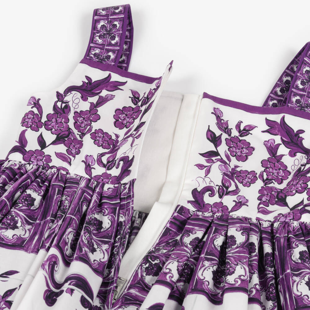 Dolce & Gabbana-Girls White & Purple Cotton Poplin Dress with Majolica Print | Childrensalon Outlet