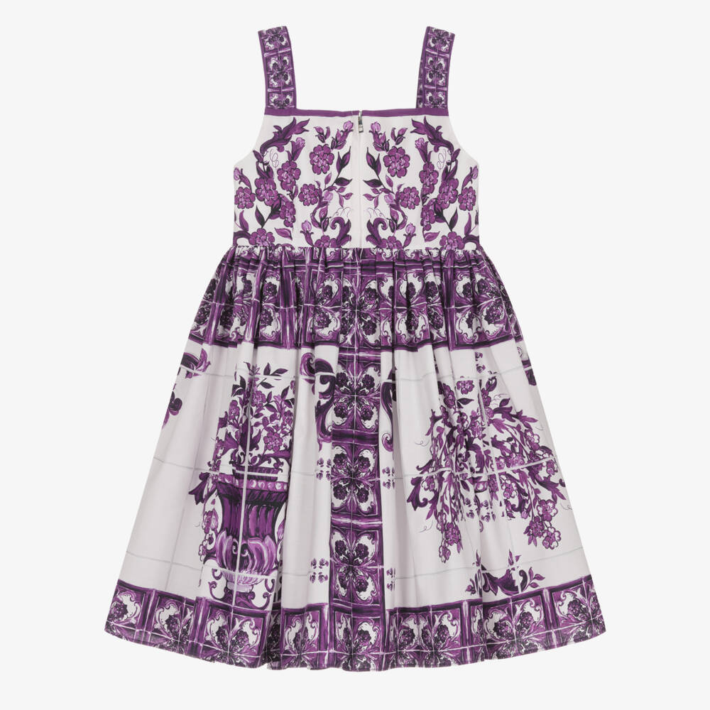 Dolce & Gabbana-Girls White & Purple Cotton Poplin Dress with Majolica Print | Childrensalon Outlet