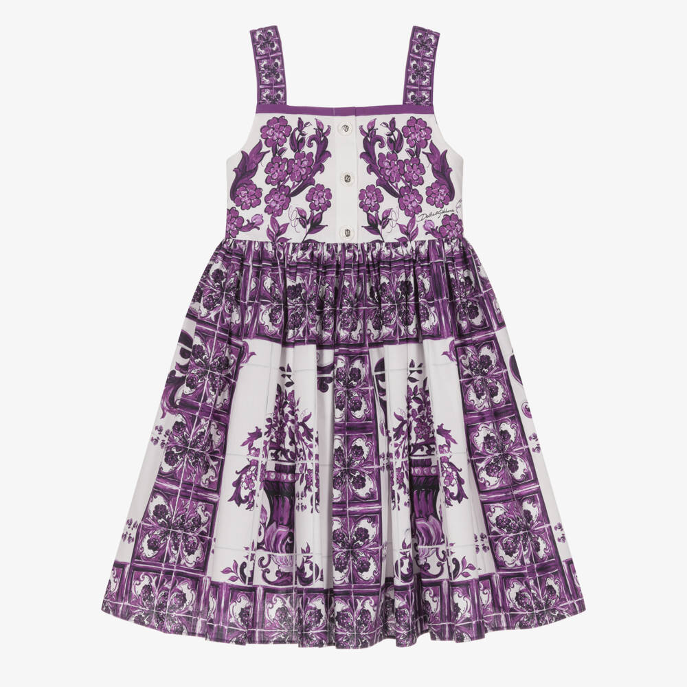 Dolce & Gabbana-Girls White & Purple Cotton Poplin Dress with Majolica Print | Childrensalon Outlet