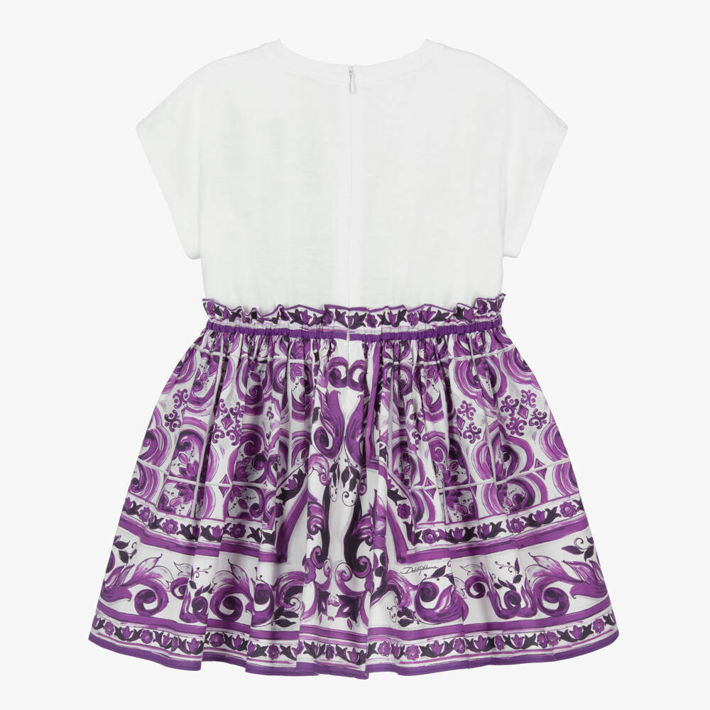 Dolce & Gabbana-Girls White & Purple Majolica Print Cotton DG Logo Dress | Childrensalon Outlet