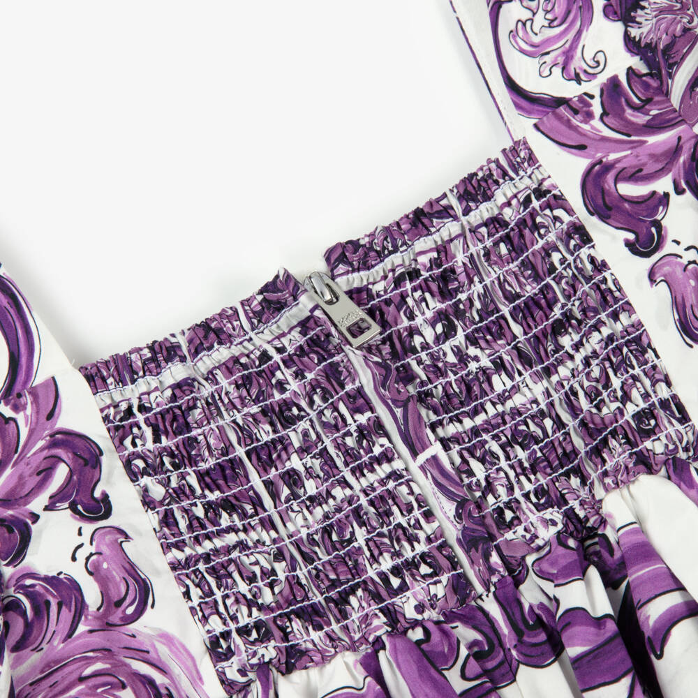 Dolce & Gabbana-Girls White & Purple Majolica Print Cotton Dress | Childrensalon Outlet
