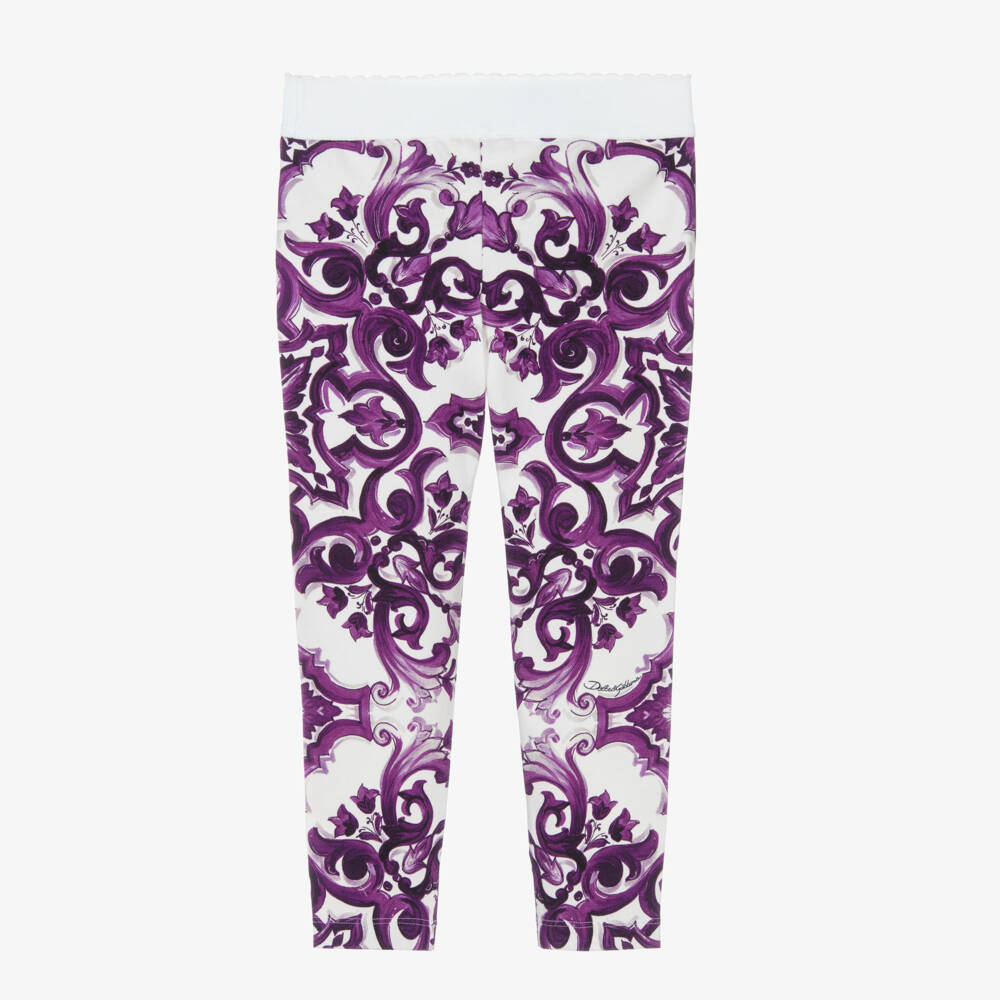 Dolce & Gabbana-Girls White & Purple Majolica Print Cotton Jersey Leggings | Childrensalon Outlet