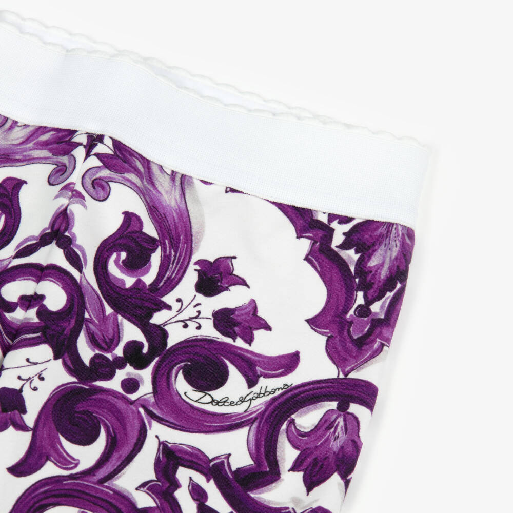 Dolce & Gabbana-Girls White & Purple Majolica Print Cotton Jersey Leggings | Childrensalon Outlet