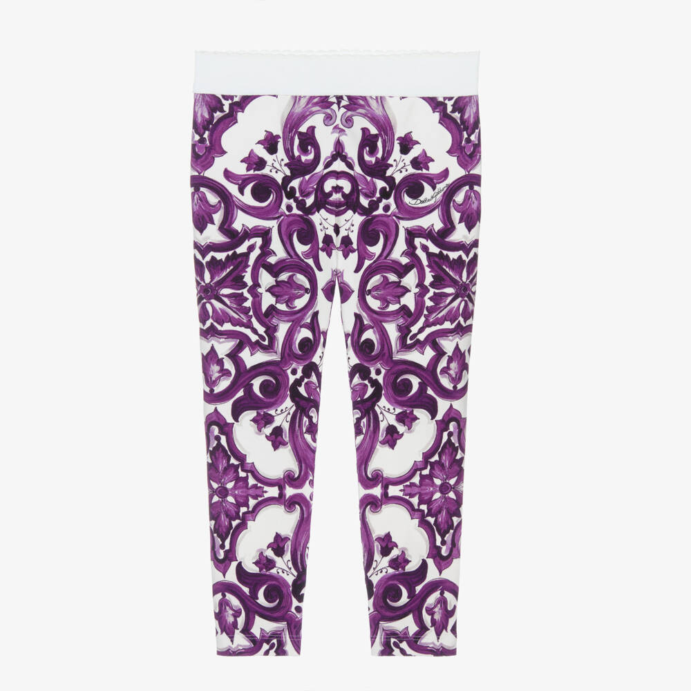 Dolce & Gabbana-Girls White & Purple Majolica Print Cotton Jersey Leggings | Childrensalon Outlet