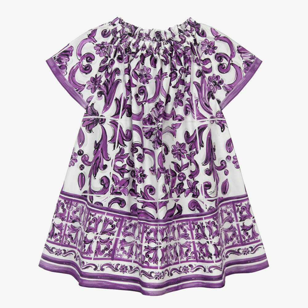 Dolce & Gabbana-Girls White & Purple Majolica Print Cotton Poplin Dress | Childrensalon Outlet