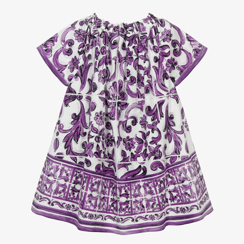 Dolce & Gabbana-Girls White & Purple Majolica Print Cotton Poplin Dress | Childrensalon Outlet