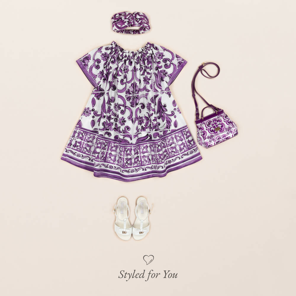 Dolce & Gabbana-Girls White & Purple Majolica Print Cotton Poplin Dress | Childrensalon Outlet