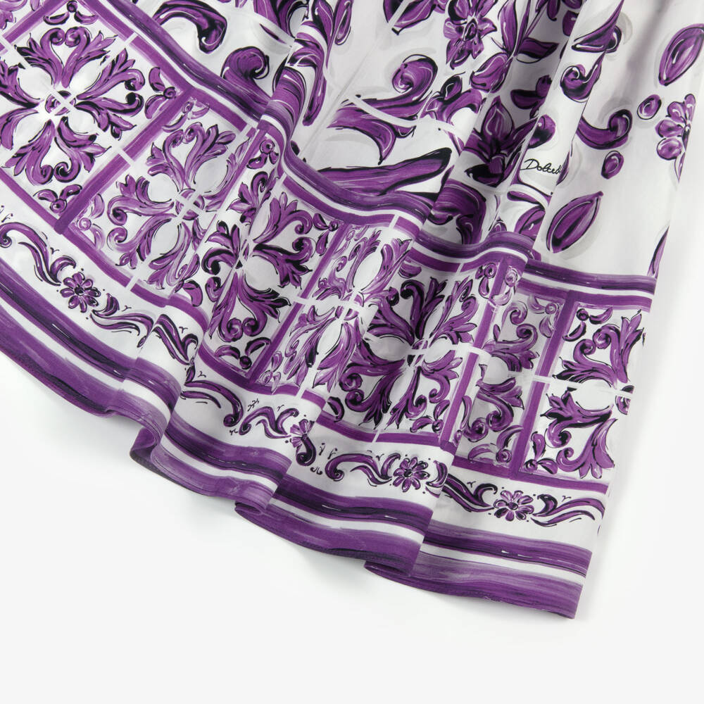 Dolce & Gabbana-Girls White & Purple Majolica Print Cotton Poplin Dress | Childrensalon Outlet